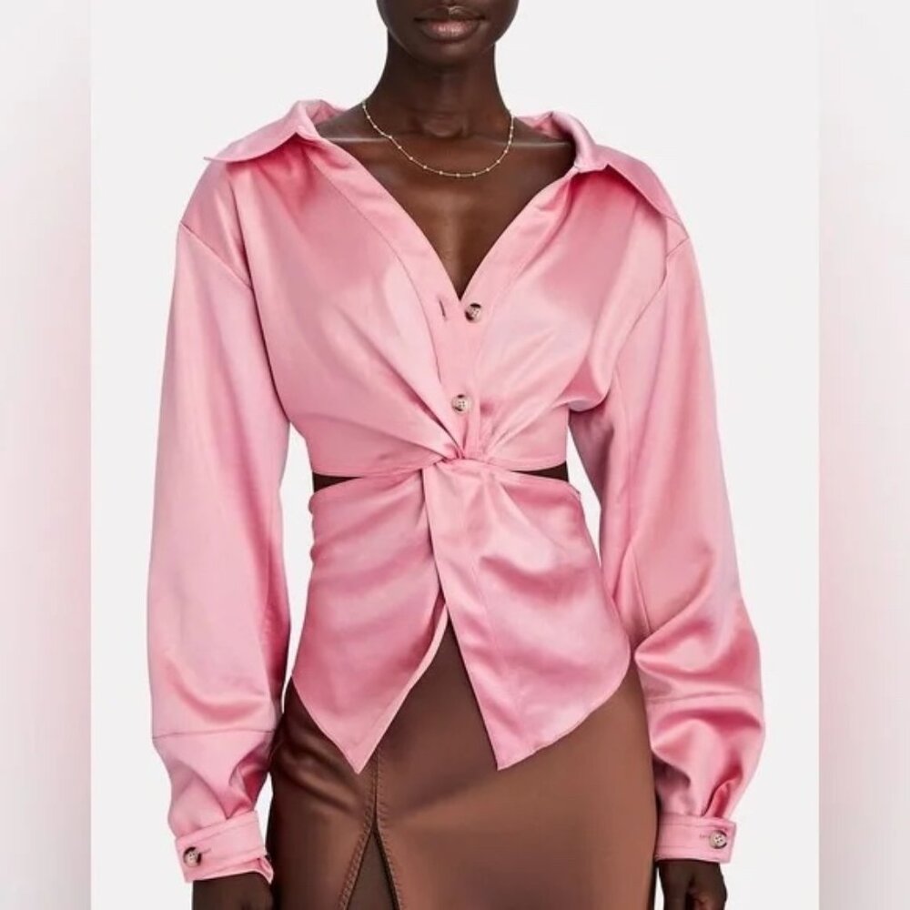 NANUSHKA Rasha Satin Twist-Front Blouse Cut out Satin Shirt Size XS